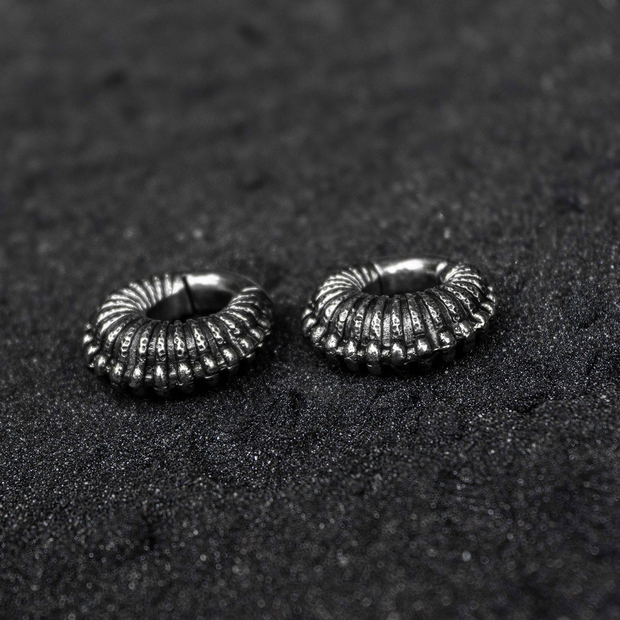 Close-up image of two TRILOBITE Large Biomechanical Clicker Ear Weights in Silver Brass from Kaya Movement, resting on a dark, coarse surface. The ribbed designs give these 0 gauge ear weights a distinctive, intricate appearance reminiscent of post-apocalyptic body jewelry.